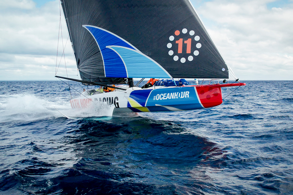 Professional sailing team 11th Hour Racing Team partnered with Van Orton Design to turn their race boat into an artistic canvas for ocean health. Credit: Amory Ross / 11th Hour Racing.