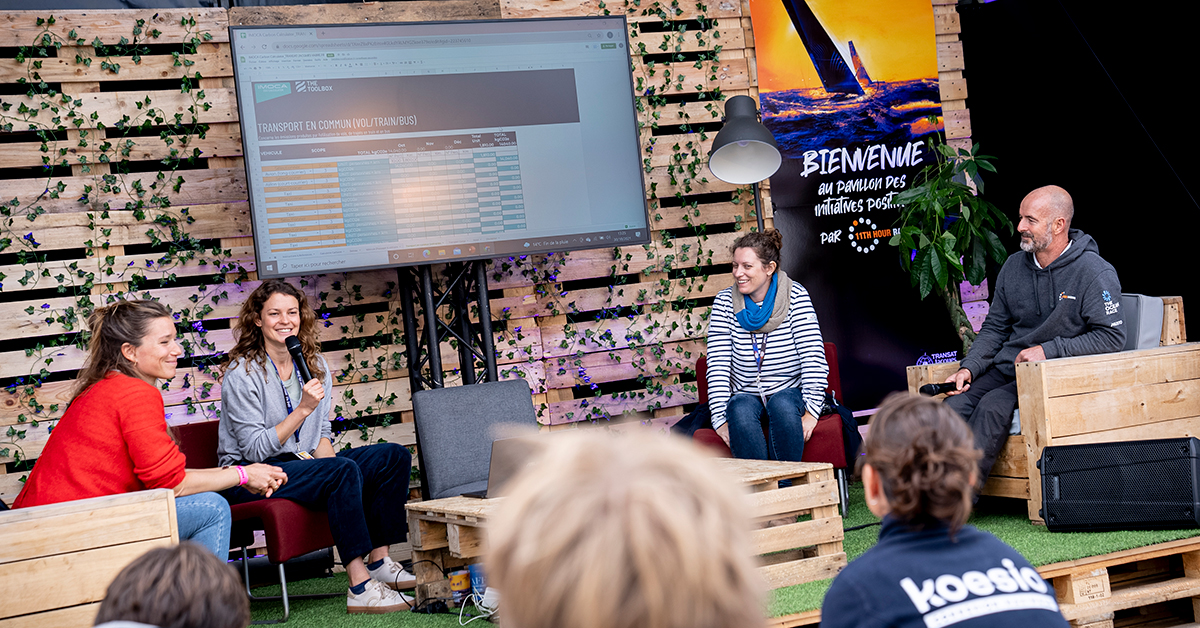 11th Hour Racing Team Sustainability Program Manager Damian Foxall present The Toolbox, a suite of guides, tools, and templates, to the IMOCA teams at the Transat Jacques Vabre race village in Le Havre. Photo credit: Amory Ross / 11th Hour Racing