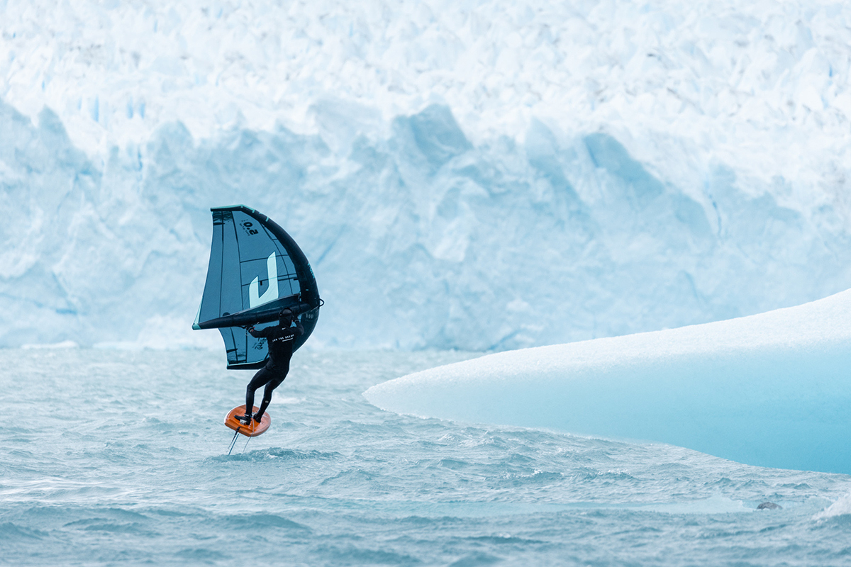 11th Hour Racing Ambassador, and Parley Argentina Coordinator Yago Lange set out to fulfill his dream of foiling in the icy waters of Lake Argentino, where the emblematic Perito Moreno Glacier is located. Photo credit: Marko Magister