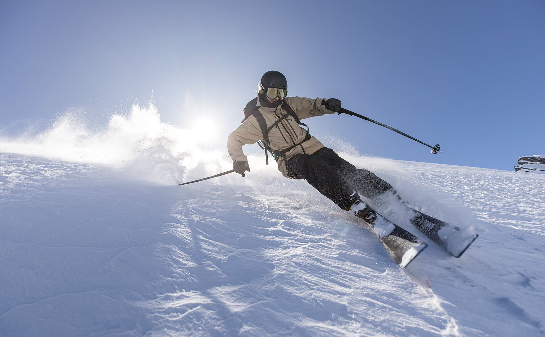 World-champion freeskier and POW Alliance Member Jess Hotter skis down Mt. Aspiring in New Zealand. Photo credit: Miles Holden/ 11th Hour Racing