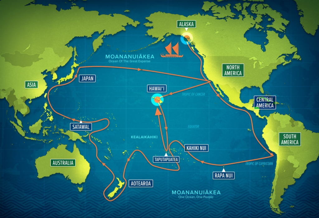 The route the Hōkūleʻa will take to circumnavigate the Pacific, starting in Alaska and ending in Hawai’i. Credit: Polynesian Voyaging Society